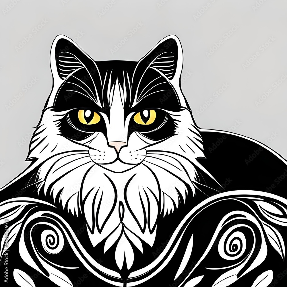 Cat drawing. Black and white drawing of a cat. Cat coloring page. Coloring book for children.  A picture of a cat.