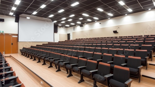 Illustration of spacious hall for lectures and presentations. Big conference room indoor background. AI generative image.