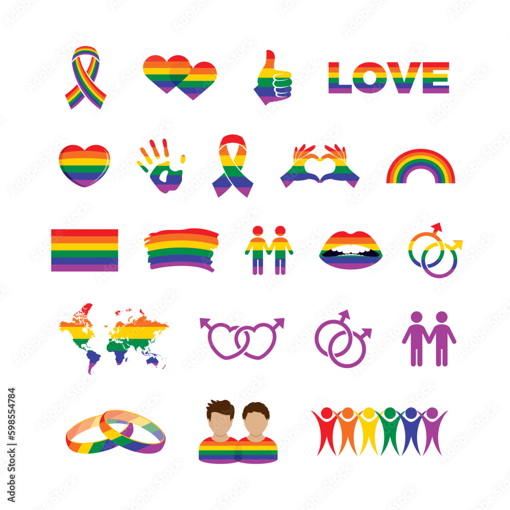 Gay pride flag colors icon set vector. Gay man love many icon set isolated on a white background. LGBT graphic design element. Male gay color symbol collection vector illustration