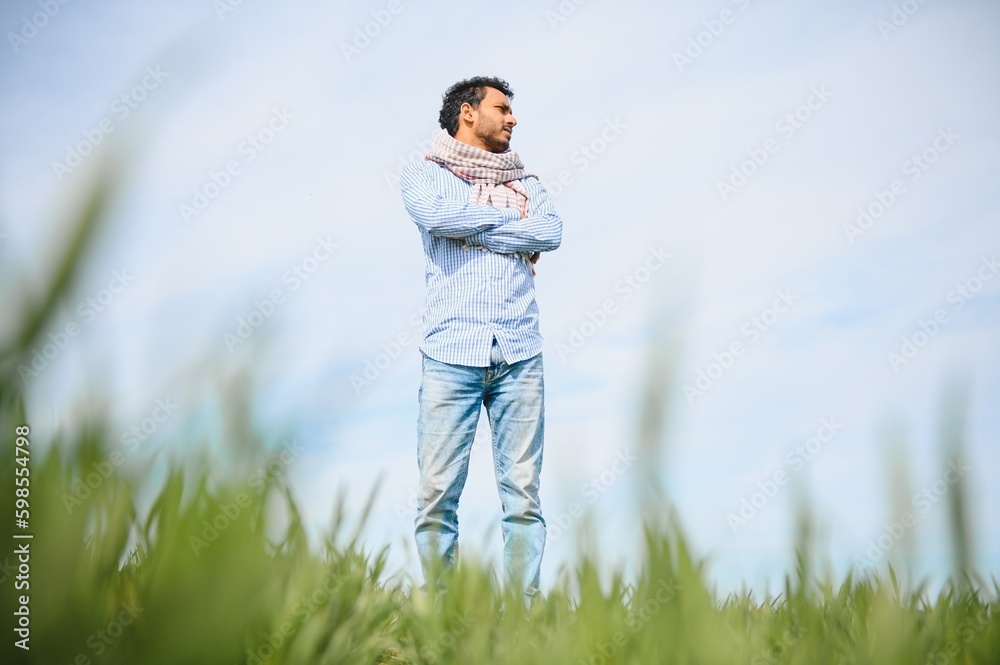 Portrait of farmer standing in a wheat field. farmer stands in green wheat field, looks, examines his crop