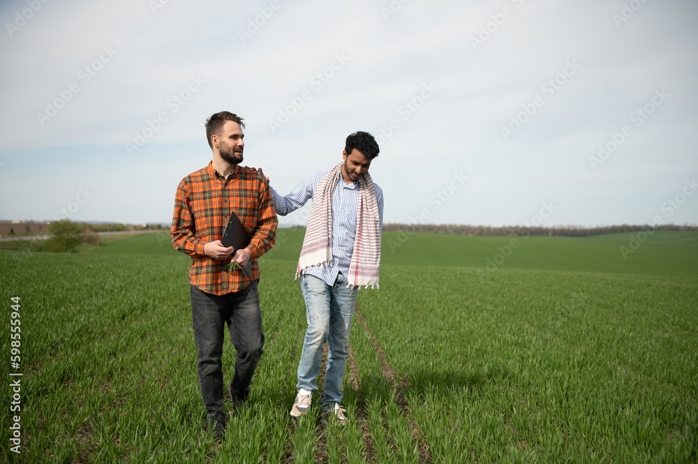 The concept of international relations in agrarian business. Indian and European farmers stand in a field of green wheat The concept of international relations in agrarian business. Indian and European farmers stand in a field of green wheat