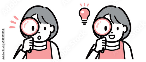 虫眼鏡を覗く主婦のイラスト