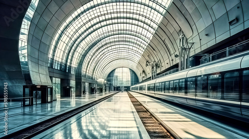 Passenger carriages of a long electric train in a modern empty railway station with a glass and steel arch architecture, made with generative ai