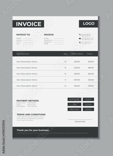 Invoice template design, billing cash voucher, money receipt cash memo layout design with mockup