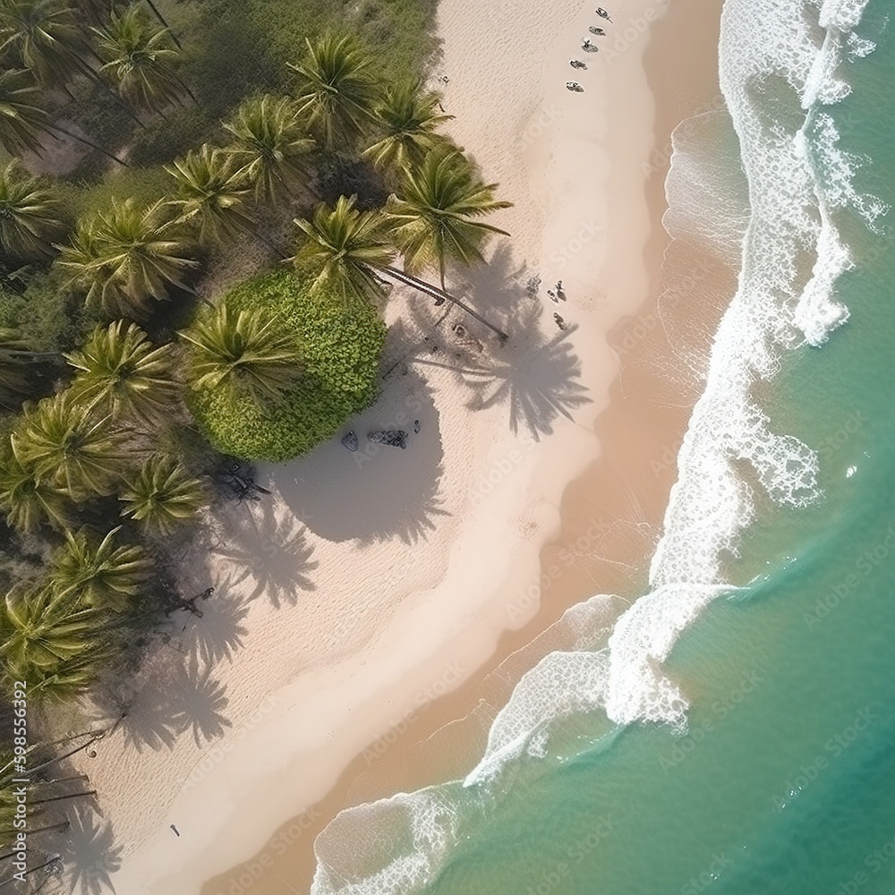aerial top view of a beach with palm trees, sand, and the sea. generative AI