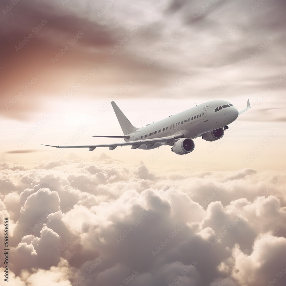 Airplane is Flying in The Clouds Sky on Vacation Journey, International Aviation and Passengers Transportation. generative AI Airplane is Flying in The Clouds Sky on Vacation Journey, International Aviation and Passengers Transportation. generative AI