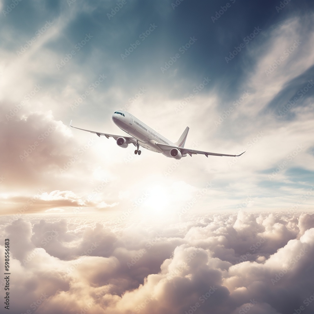 Vacation Trip, International Aviation, Passengers Transportation, Holiday Trip, and Tourist Travel Concept with an Airplane Flying in the Clouds. generative AI Vacation Trip, International Aviation, Passengers Transportation, Holiday Trip, and Tourist Travel Concept with an Airplane Flying in the Clouds. generative AI