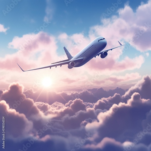 Airplane is Flying in The Clouds Sky on Vacation Journey, International Aviation and Passengers Transportation. generative AI