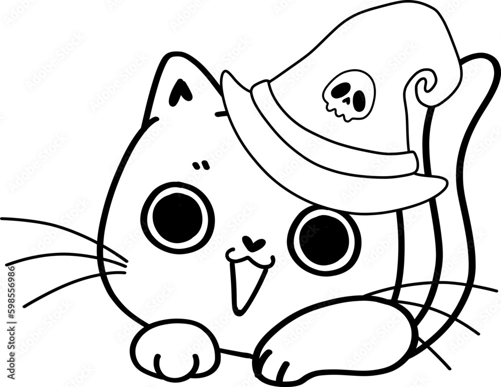 cute happy Halloween witch big eyes black cat cartoon drawing outline cute happy Halloween witch big eyes black cat cartoon drawing outline