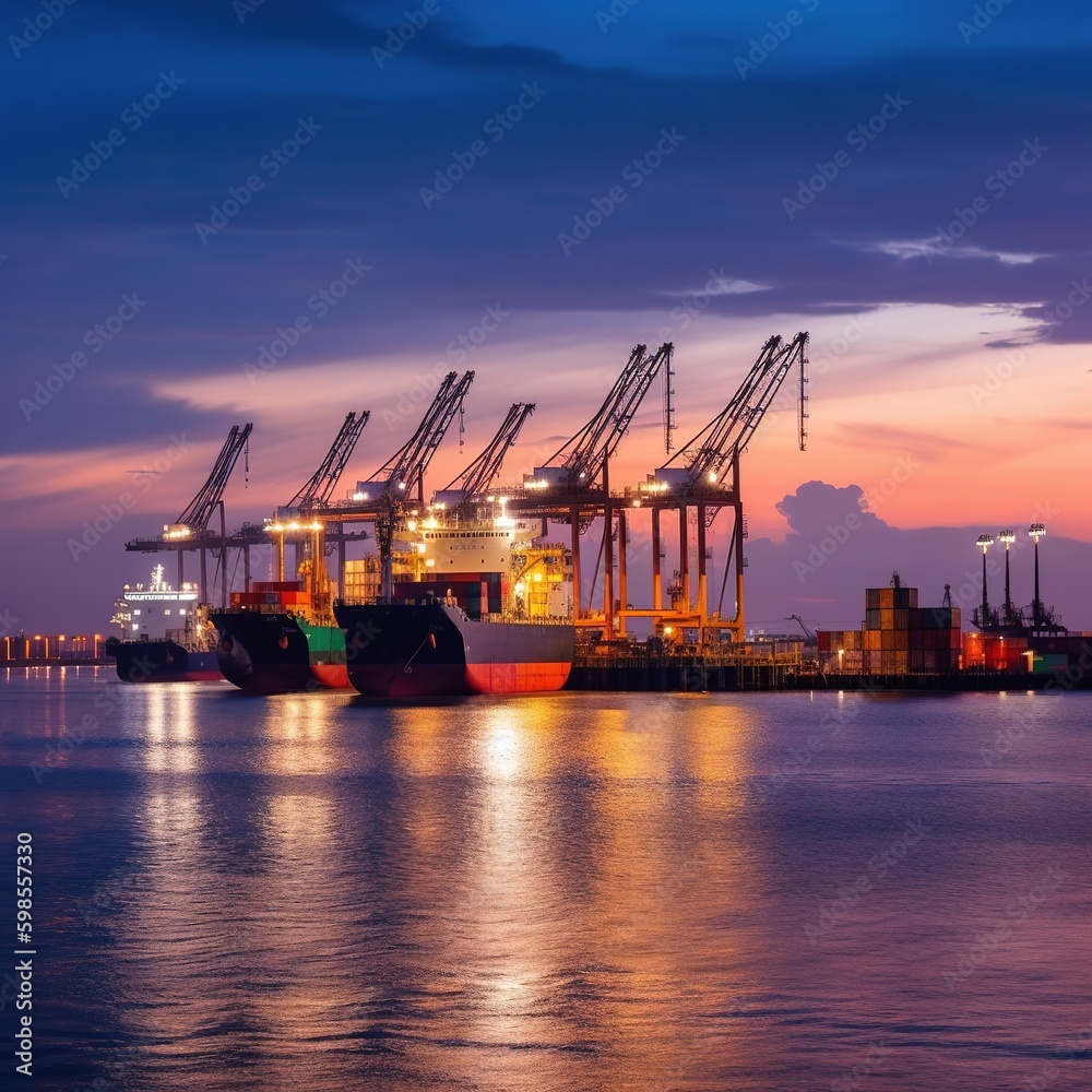 Cargo ship terminal at twilight scene, Unloading crane of cargo. generative AI