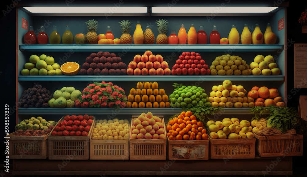 Fruits and vegetables are displayed in a supermarket. Toned. AI