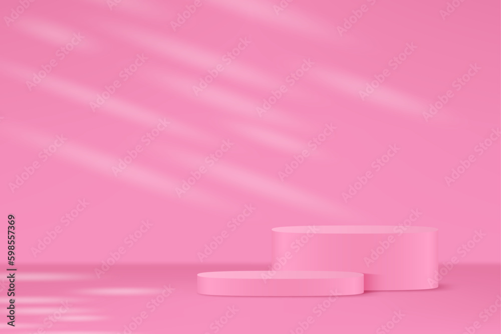 3d product display podium platform. 3d realistic pink cylinder pedestal podium. The stage for the showcase. Minimal wall scene for mockup product display. 3d podium vector illustration.