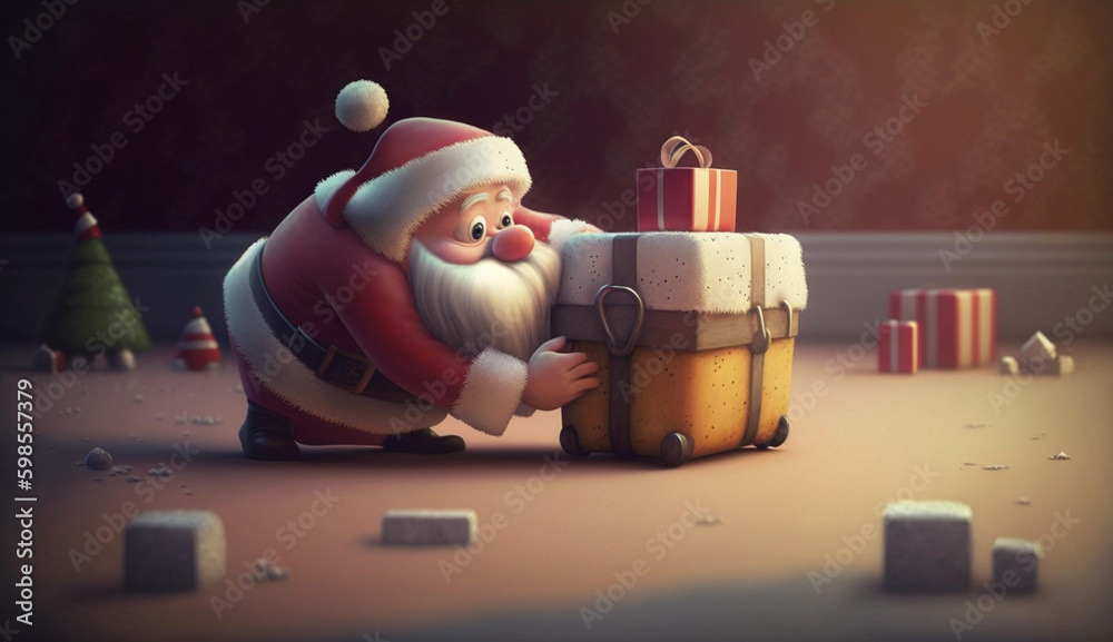 Santa Claus with a gift box in his hands. 3d illustration by AI