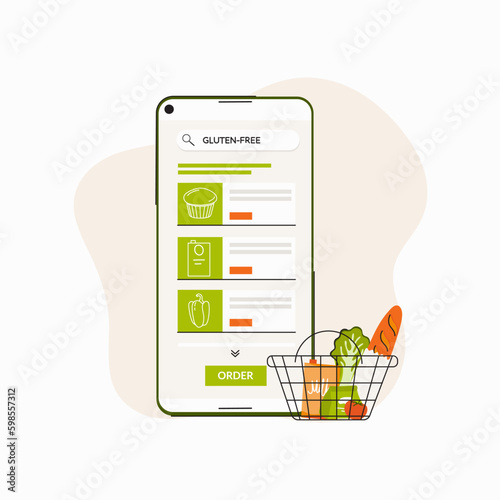Illustration of smartphone with online store. Searching and selects gluten free products. Concept of gluten free diet, dietary eating, meal planning and online shopping. Vector illustration