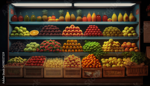 Fruits and vegetables are displayed in a supermarket. Toned. AI © Afloatingdot