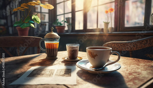 Coffee cup on a wooden table in a coffee shop, vintage tone, sunlight. AI