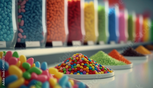 Colorful candies on a shelf in a supermarket. 3d rendering by AI