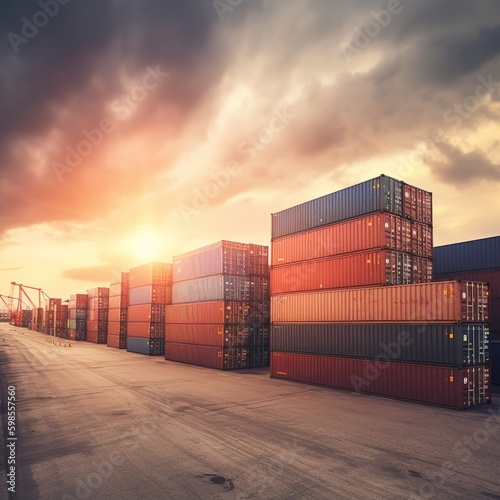 container cargo freight ship at sunset and Transportation Industry. generative ai