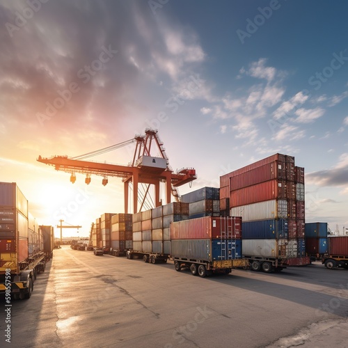 Container truck at shipyard for business logistics and transportation of container cargo ship and cargo plane with working crane bridge. generative AI