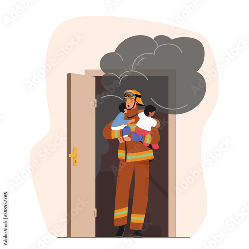 Rescuer Male Character Heroically Saves Kids From Burning Building. Rushes Them To Safety Through Smoke And Flame Generative AI