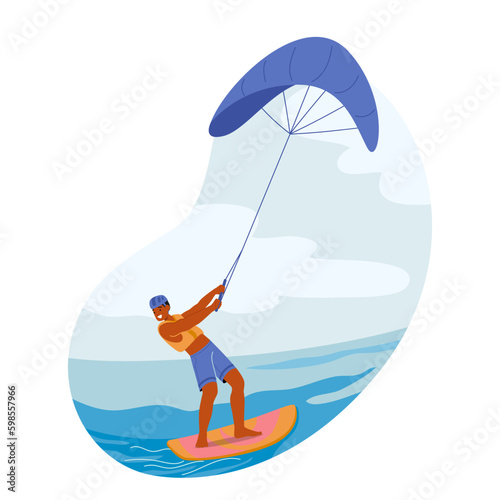Kite Surfer Male Character Riding The Waves, Skillfully Maneuvering On Water With A Kite Attached To Harness Generative AI