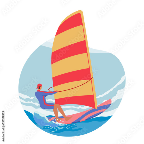 Male Character Windsurfing Activity. Man Enjoying Thrill Of Sport, Gliding Over The Waves With Sail Powered By The Wind Generative AI