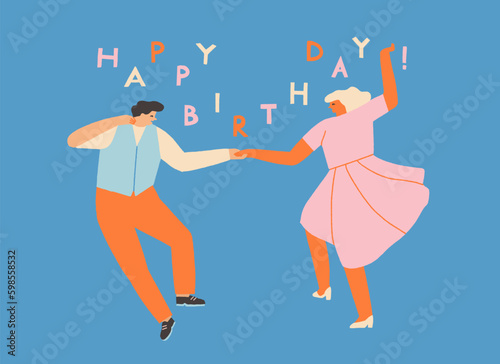 Young people dancing swing dance illustration. Birthday card with happy cartoon characters. Vector illustration Generative AI