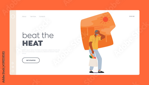 Beat the Heat Landing Page Template. Senior Man Experiencing Heat-related Discomfort Due To Hot Weather Generative AI