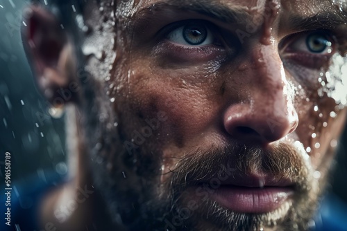 an extreme closeup photo of a professional athlete with intense focus in his eyes and sweat pouring down his face. generative AI