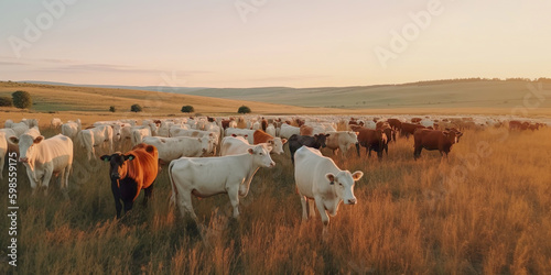 Regenerative grazing with livestock in field, Beef cows. photo