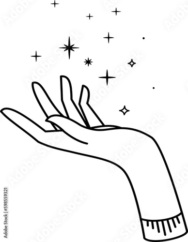 Linear Vector Illustration. Magical hand drawings. The concept of magic and healing with hands. Cosmos in hand, cosmoenergetics.  Generative AI