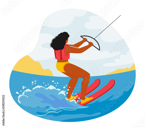 Kite Surfer Female Character Glides Over Waves, Propelled By Wind And Kite. Rider Executes Tricks And Maneuvers Generative AI