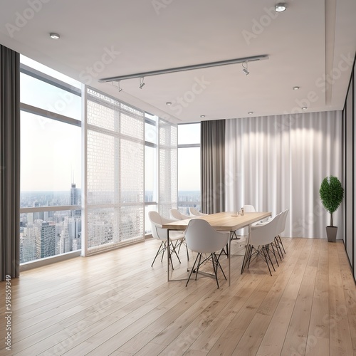 Modern spacious meeting room interior with white mock up banner on wall  furniture  partition curtains  window with city view and wide wooden parquet floor. generative ai