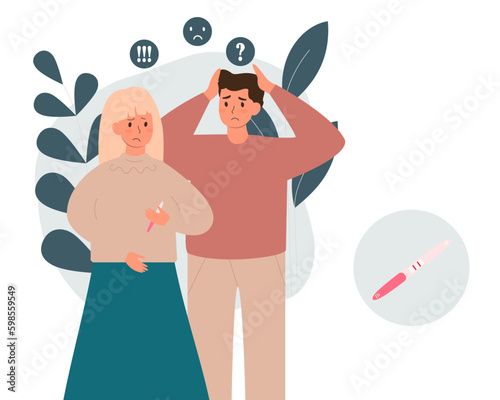 Unhappy sad and scared woman and man with a positive pregnancy test. Vector