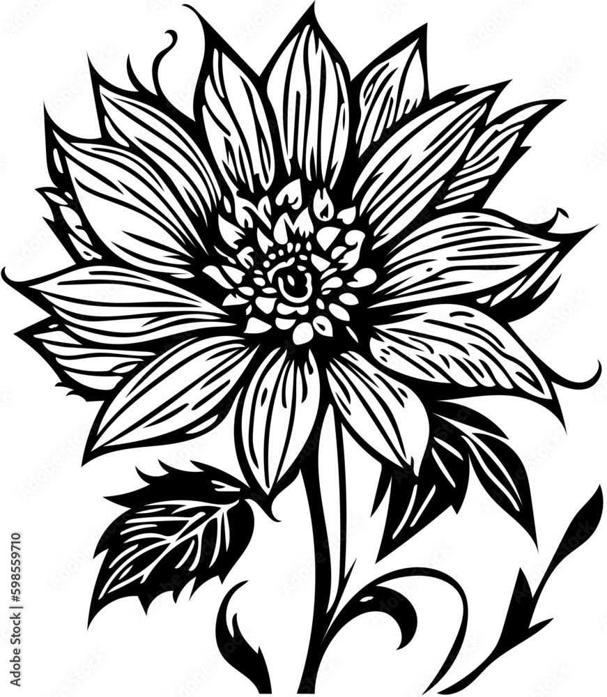Vector illustration of a flower with leaves in black and white Vector illustration of a flower with leaves in black and white