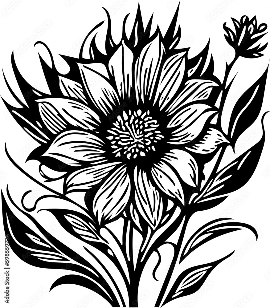 Vector illustration of a flower with leaves in black and white 