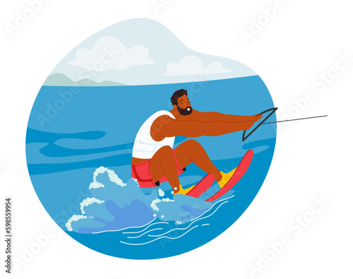 Male Character Using Specialized Skis Moving Swiftly Through The Water, Carving Turns, Jumping Wakes And Catching Air Generative AI