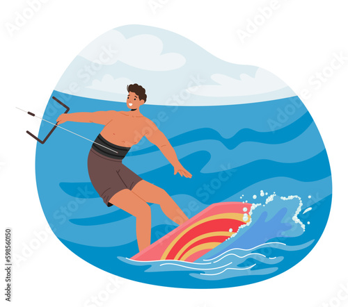 Sportsman Character Kite Surfing On Ocean Waves, Skillfully Riding The Wind And Performing Acrobatic Maneuvers Generative AI