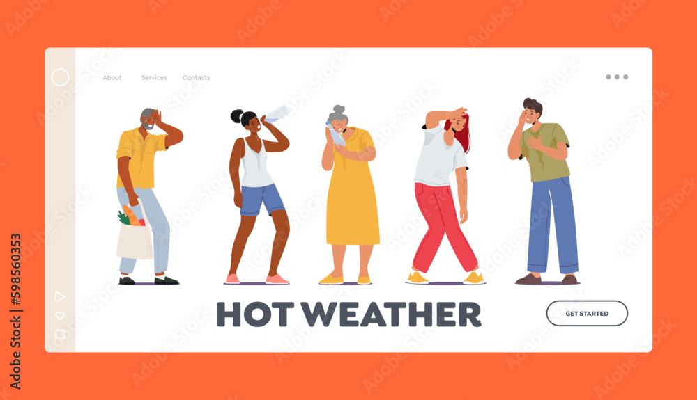 Hot Weather Landing Page Template. Characters Suffer from Heat that Can Cause Dehydration, Exhaustion Generative AI