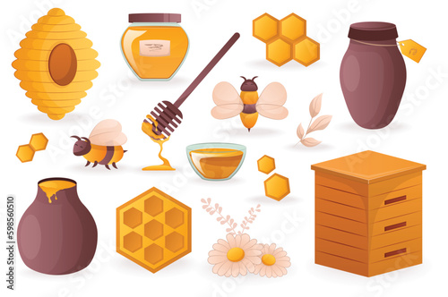 Bee and honey set. A flat and cartoonish designed set of bees and honey, featuring cute bees buzzing around a beehive and jars of sweet honey. Vector illustration.