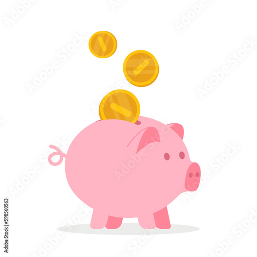 Vector piggy bank with falling coins. Flat illustration isolated on white background. Generative AI