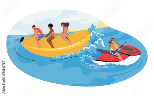 Male and Female Characters Enjoying A Thrilling Activity Of Riding A Banana-shaped Inflatable Raft As It Skims Across Generative AI