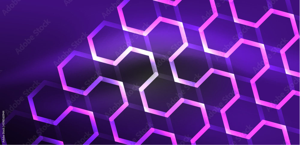 Hexagon abstract background. Techno glowing neon hexagon shapes vector illustration for wallpaper, banner, background, landing page, wall art, invitation, prints, posters Hexagon abstract background. Techno glowing neon hexagon shapes vector illustration for wallpaper, banner, background, landing page, wall art, invitation, prints, posters
