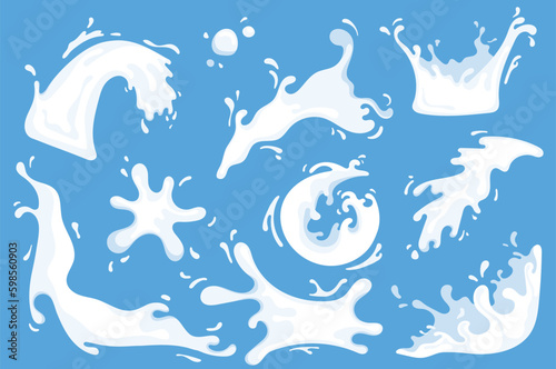 Milk splash set. A set of flat cartoon designs featuring milk splashes on a blue background. Vector illustration.