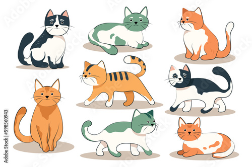 Cartoon cats set. A flat, cartoon-style design set featuring various adorable cats in different poses and activities. Vector illustration.