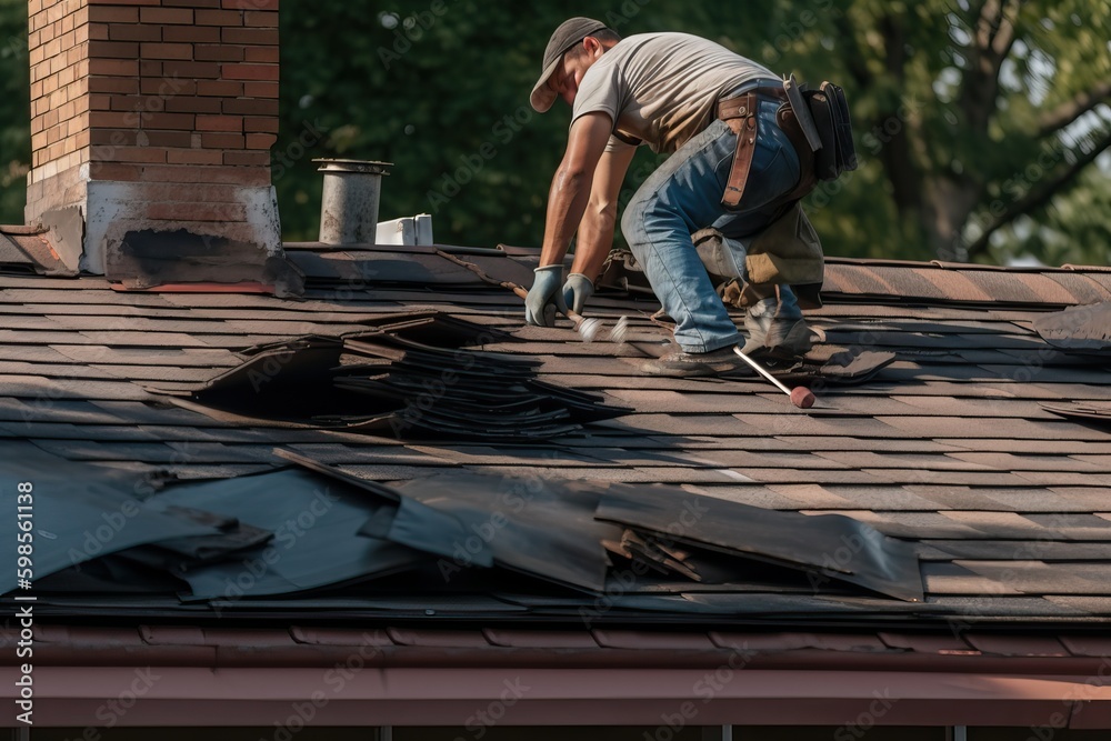 © FrankBoston - Workman repairing a house roof, generative ai © FrankBoston - Workman repairing a house roof, generative ai
