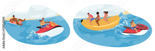Rider Characters On Banana Boat And Water Tube Experience High-speed Thrills While Being Pulled Behind A Jet Ski Generative AI