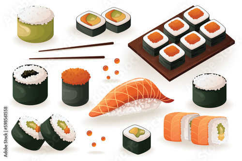Sushi set. This illustration is a set of sushi designs in a flat and cartoon style. Vector illustration.
