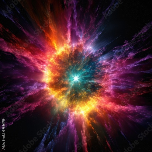  A captivating, cosmic supernova explosion with brilliant colors and intense energy on a black background, illustrating the awe - inspiring power of the universe. generative ai
