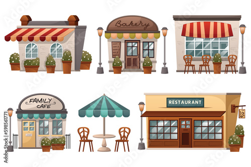 Italian houses and courtyards set. This is a flat, cartoon-style design featuring a set of Italian houses and a restaurant. Vector illustration.